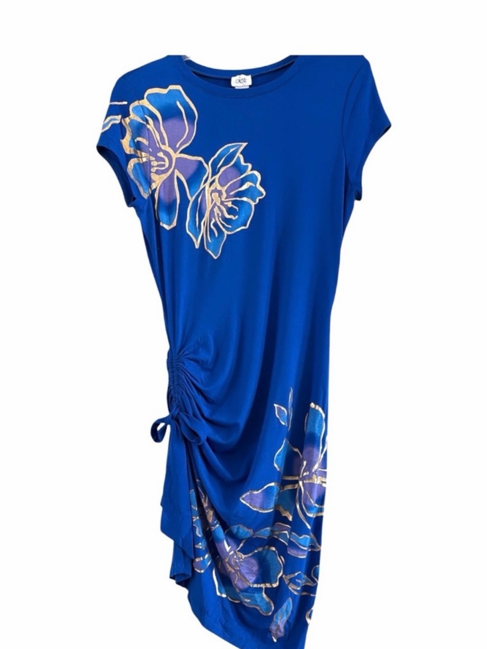 Caché Cobalt Blue Asymmetric Dress Gold Foil Floral Ruched Side Tie Size M